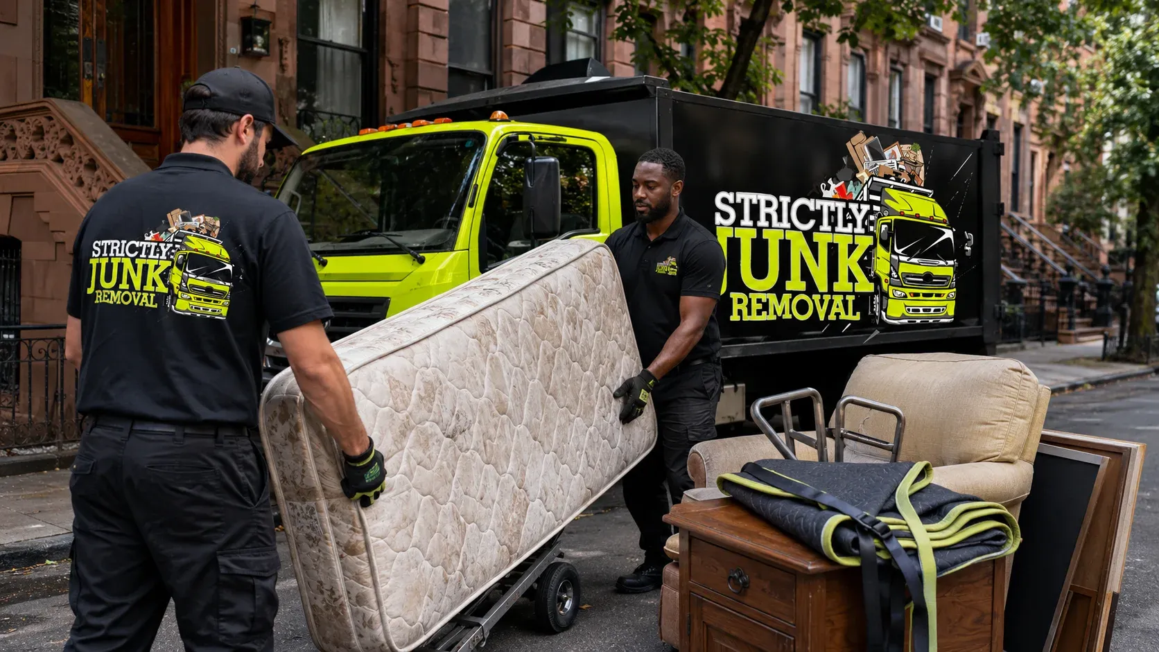 A Strictly Junk Removal crew member carrying an old sofa down the stairs of a Brooklyn apartment