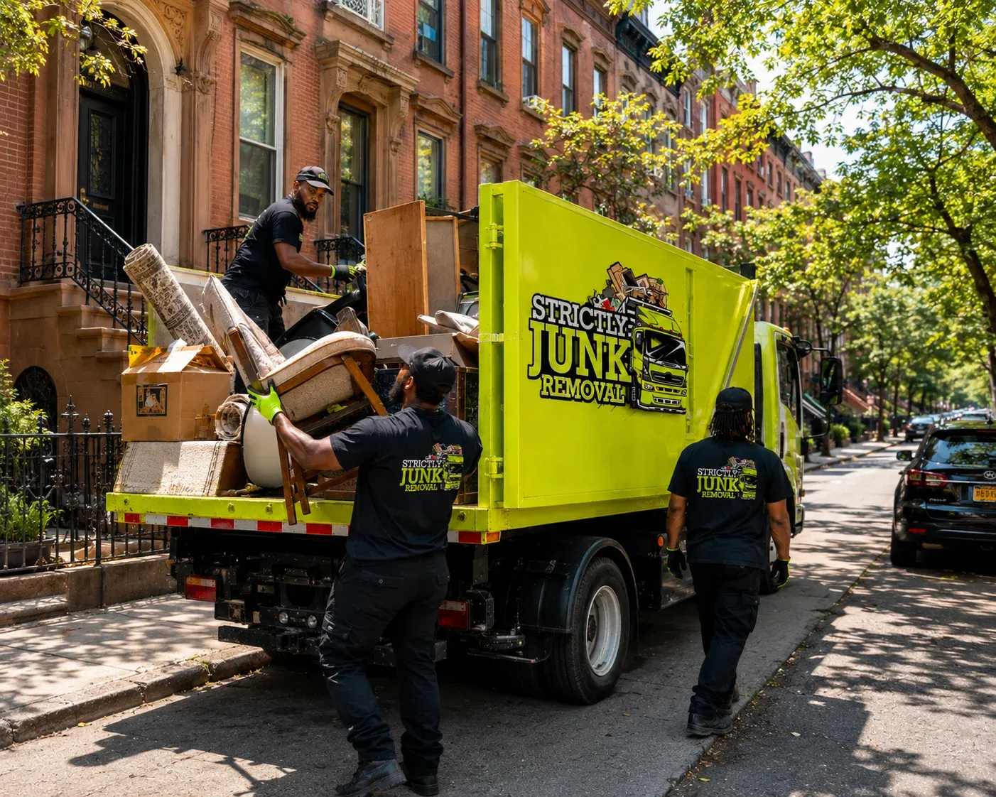 The Strictly Junk Removal crew loading a truck outside a Brooklyn brownstone
